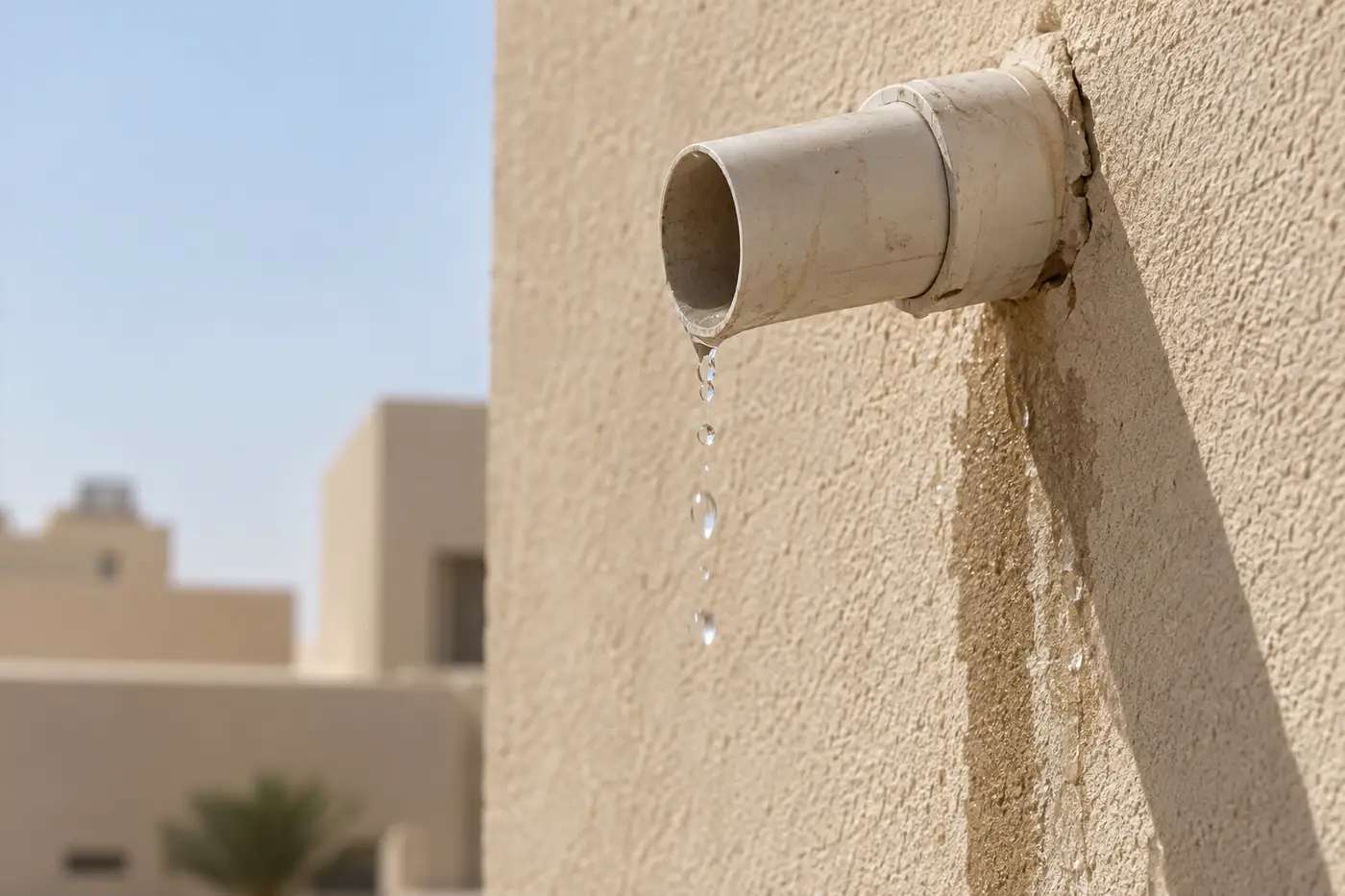 طرف خرطوم تصريف مكيف يخرج من جدار خارجي وتتساقط منه قطرات ماء