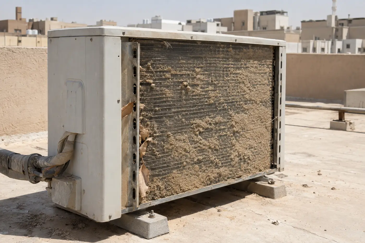 ملف وحدة خارجية لمكيف عليه رمل وغبار متراكم فوق سطح فيلا