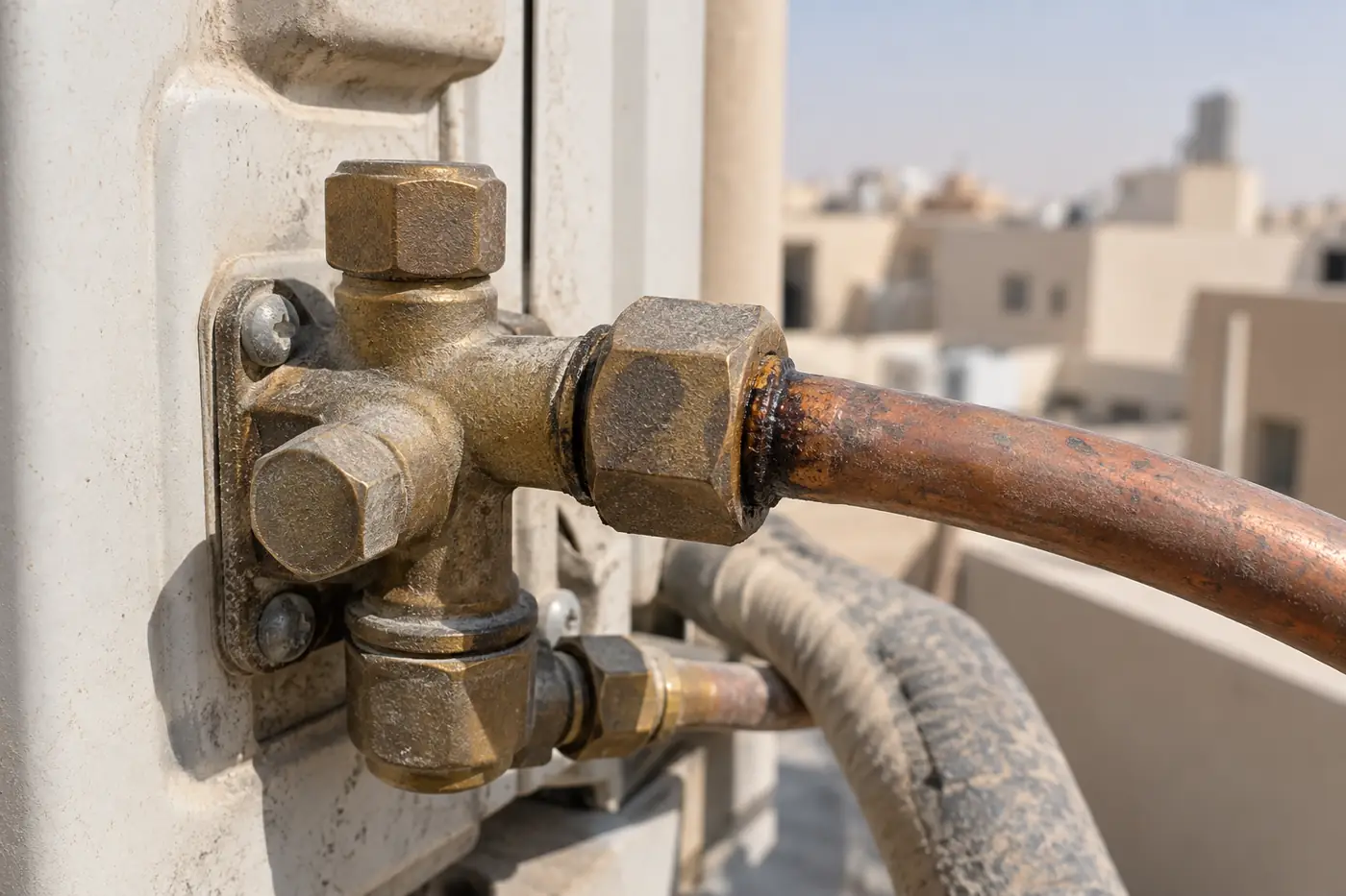 بقعة زيت داكنة حول صامولة نحاس عند بلف الوحدة الخارجية لمكيف سبليت